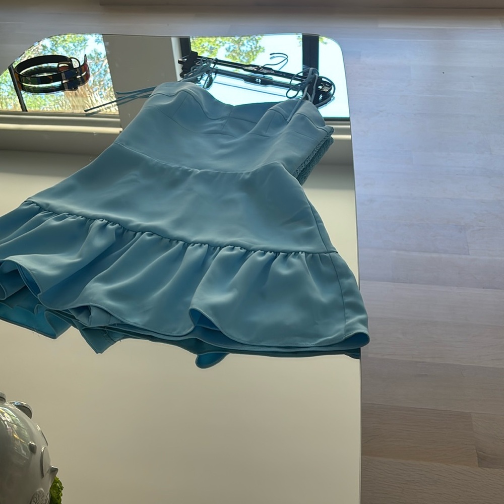 Amanda Uprichard mini dress in light blue.